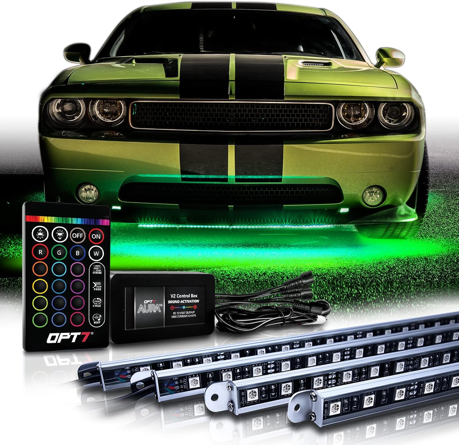 OPT7 Aura Aluminum Car Underglow Lights with Remote Control, Exterior Neon Accent Under Glow Kit for Cars, Waterproof Rigid Light Bars, Music Soundsync Lighting, RGB Multicolor LED Strip, 12V Decor