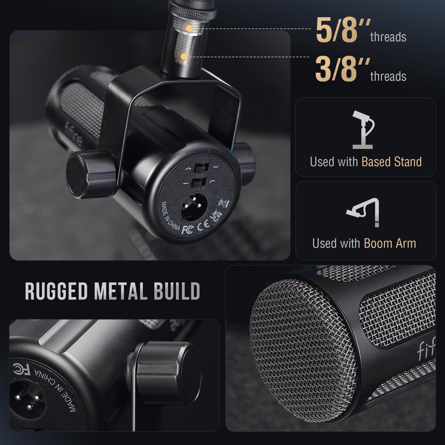 FIFINE XLR Dynamic Microphone, Studio Vocal Mic for Recording, All Metal XLR Podcast Microphone with Mid-Boost, Low-Cut Filter for Voice-Over, Compatible with Mixer/Audio Interface-AmpliTank TANK1