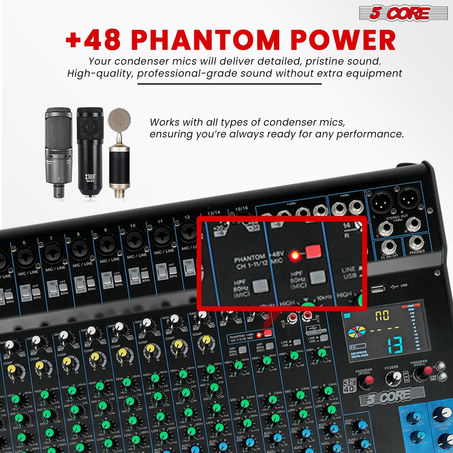 5Core DJ Audio Mixer 20 Channel Professional Stereo Sound Board w 256 digital effects USB Bluetooth 48V Phantom Power Consola De Audio for Studio Recording Podcasting DJ Show - MX 20CH XU