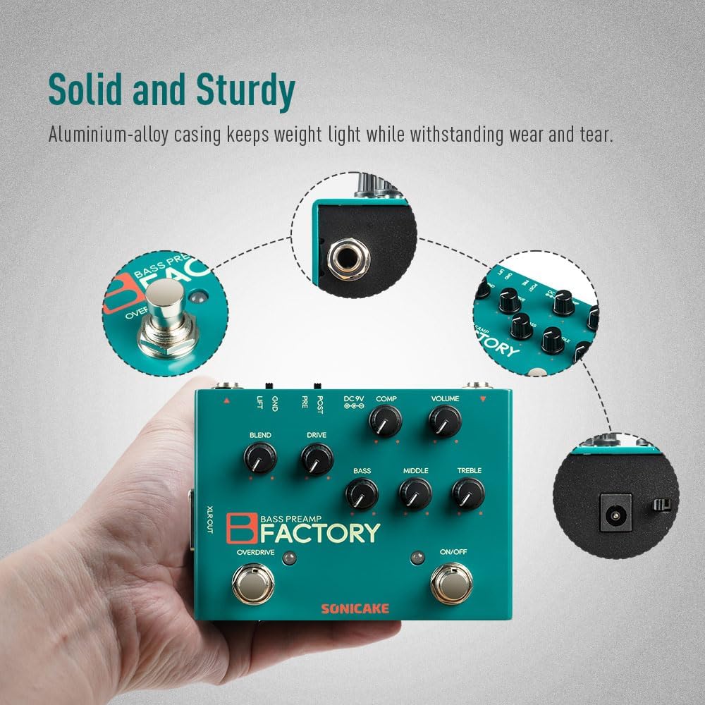 SONICAKE Bass Pedal with Overdrive Analog Preamp Compression Effects Pedal and 3-Band EQ Via Pre/Post Selection with XLR Output - B Factory