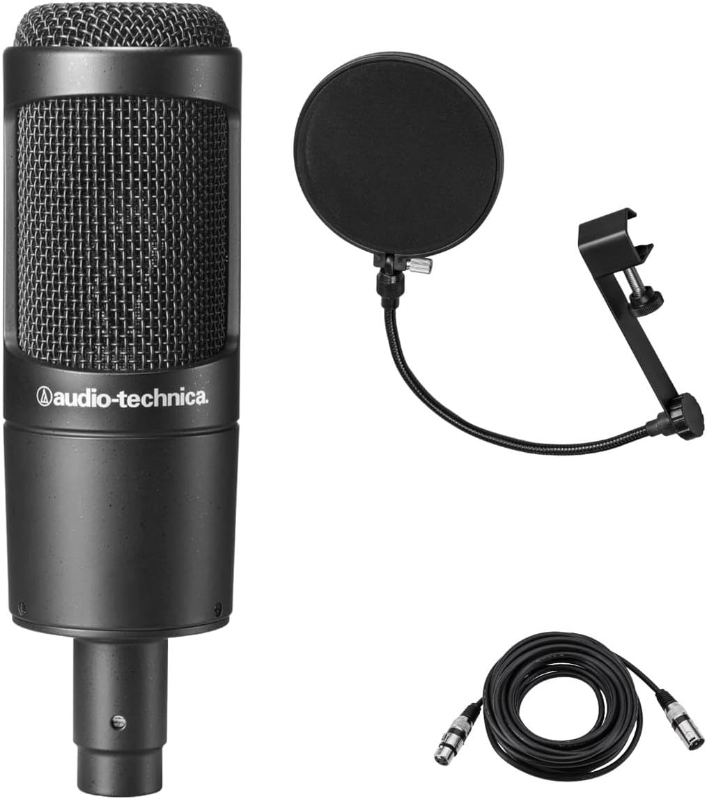 Audio-Technica AT2035 Cardioid Condenser Side-Address Microphone, 20Hz to 20kHz Frequency Response, 120 ohms Impedance - Bundle with Samson PS04 Pop Filter, 20ft Heavy Duty 7mm XLR Microphone Cable