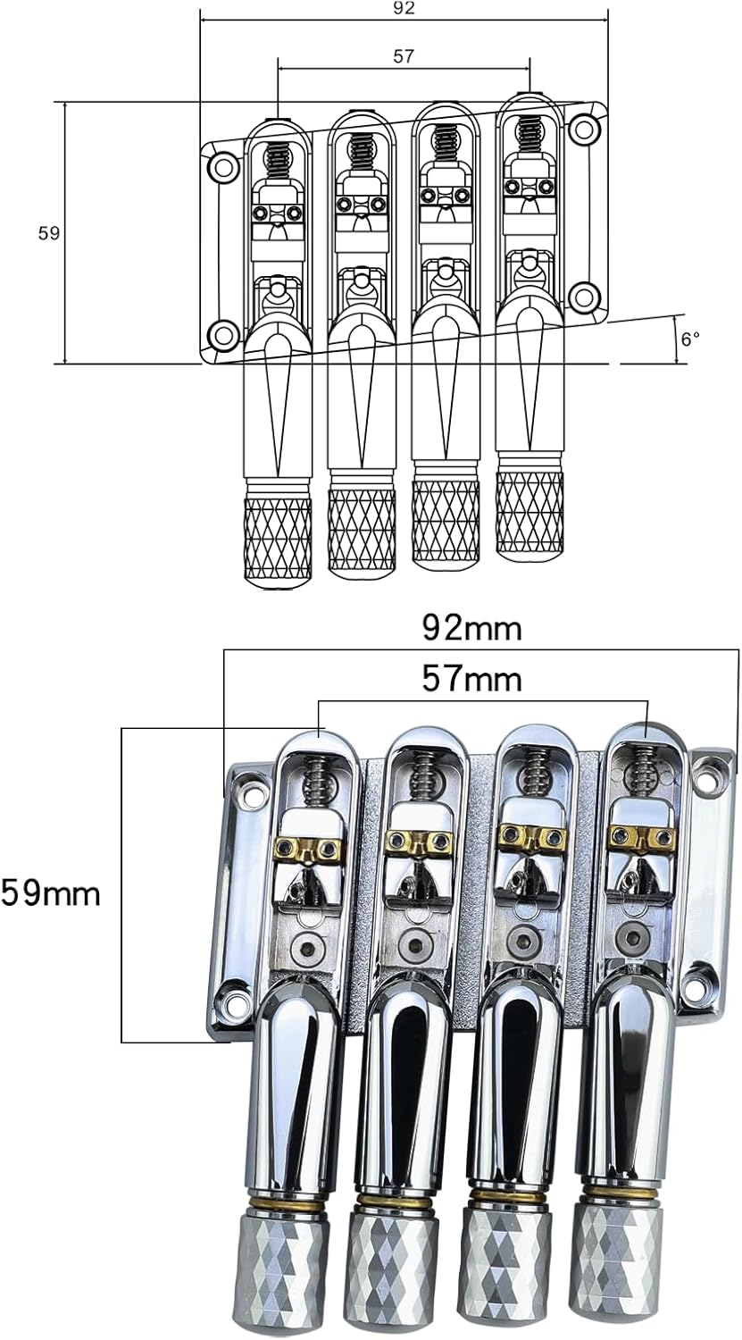 Chrome Headless Electric Bass Bridge 4 String Bass Bridge with Brass Saddles Bass Parts Replacement for 4 String Headless Bass