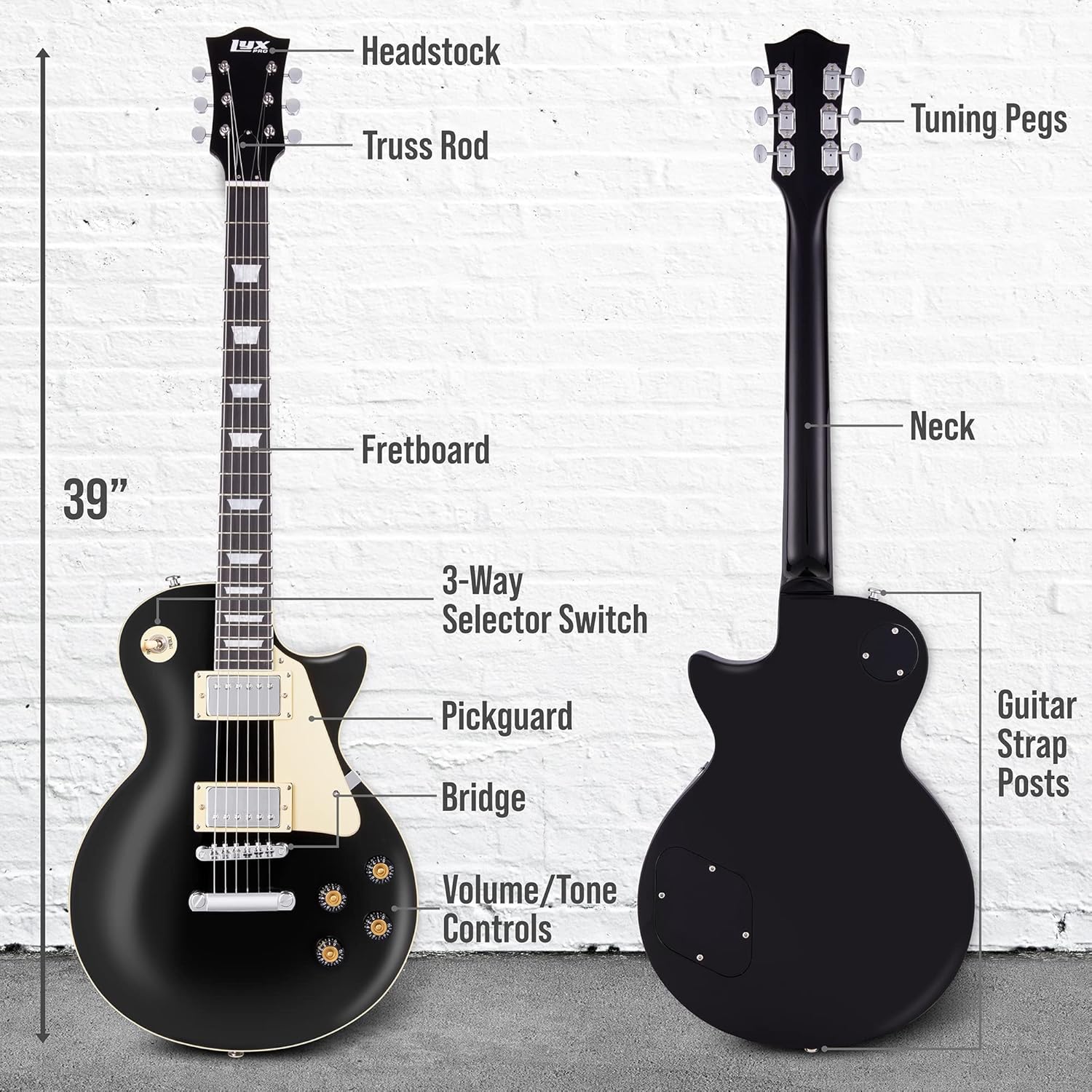 LyxPro 39” SB Series Electric Guitar, LP Style for Beginner, Intermediate & Pro Players Solid Body Guitar, Bonus 2-Pack of Picks, Mahogany Wood, Volume/Tone Controls, 3-Way Pickup - Black
