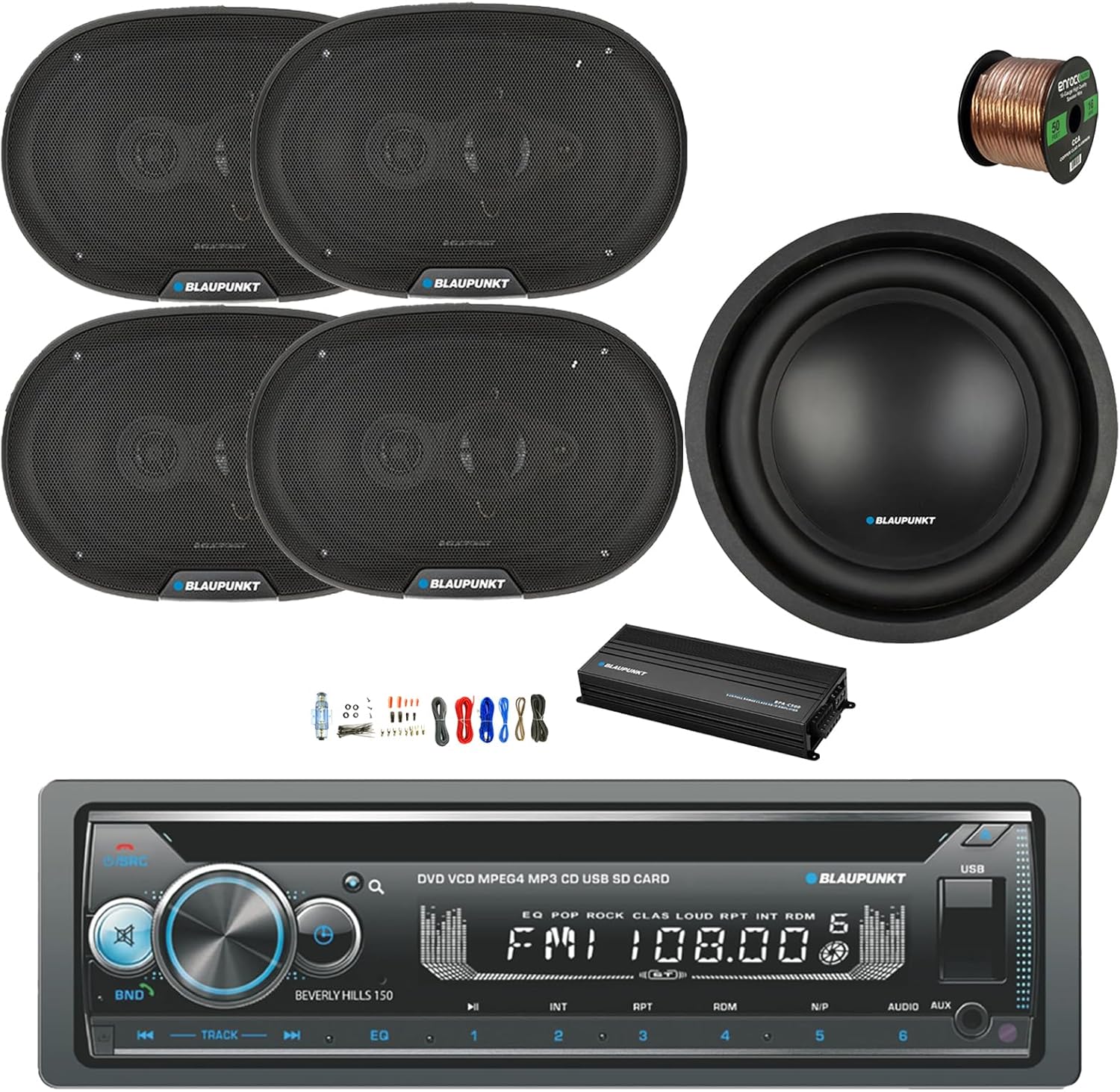 Blaupunkt Beverly Hills 150 Single DIN Bluetooth DVD/CD Stereo Receiver, 5-Channel Amplifier w/Kit, 10