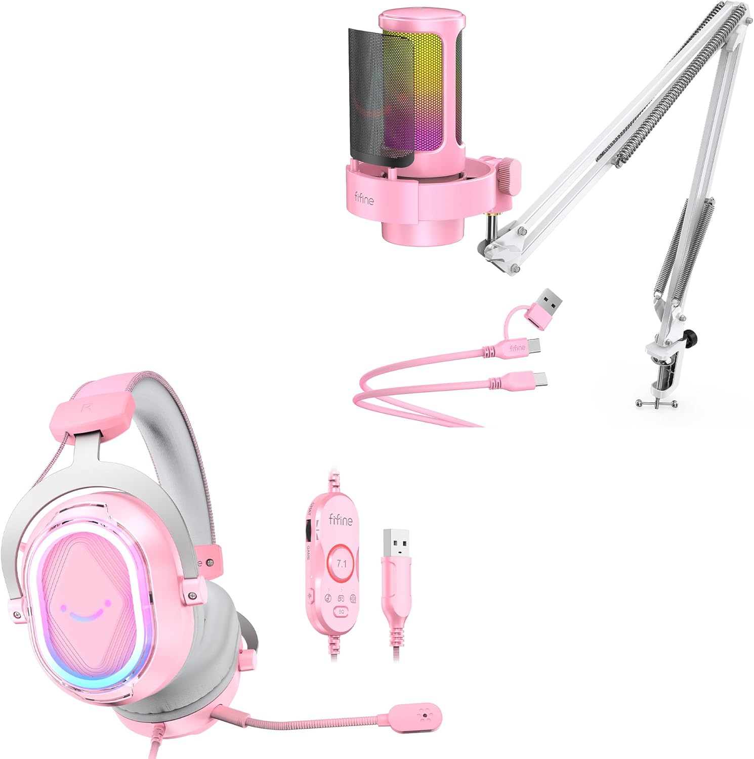 FIFINE USB Gaming Microphone Kit with Headset Bundle, Condenser Mic and Over-Ear Headset with Boom Arm, Mute Button, Game Chat Balance, Noise-Canceling, 4 EQ Modes for Streaming-A8TP+H13P