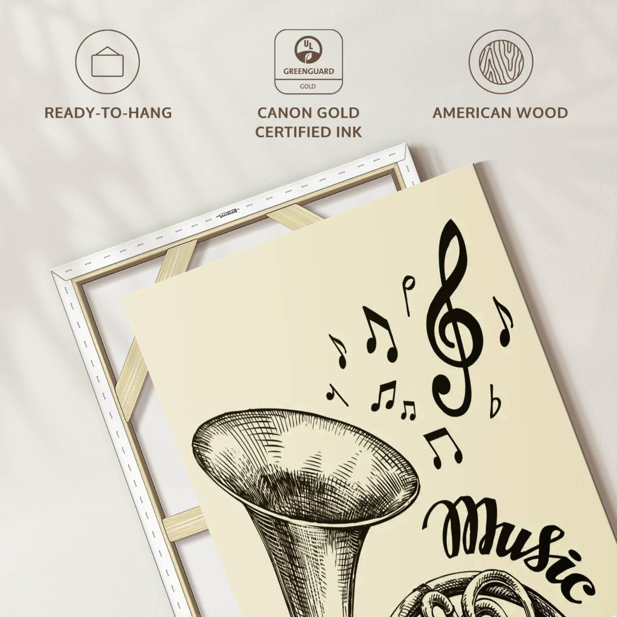 ElephantStock - French Horn Music Wall Art - Vertical Canvas Wall Art - Living Room Wall Decor - Drawing Music Canvas Art - Beige And Black Decor - 34