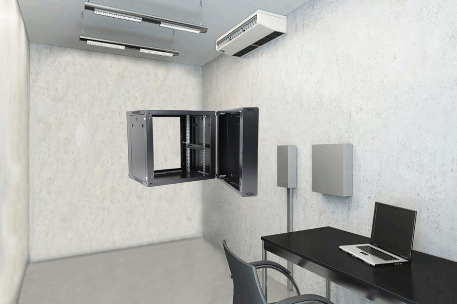 AEONS 9U Professional Wall Mount Server Cabinet Enclosure Double Section Hinged Swing Out 19-Inch Server Network Rack with Locking Glass Door Black (Fully Assembled)