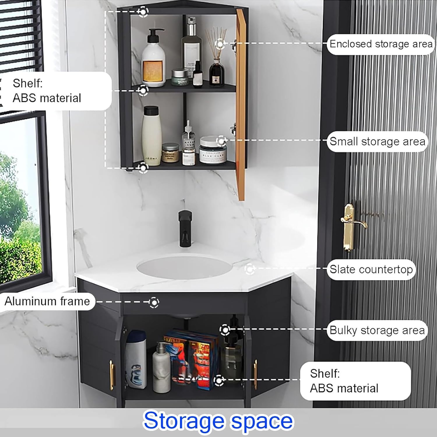 Corner Bathroom Sink, Corner Bathroom Vanity, Ceramic Bathroom Corner Sinks, Mount Bathroom Sink, Corner Wall Mount Bathroom Sink, Corner Balcony Sink with Storage Container(Gray)