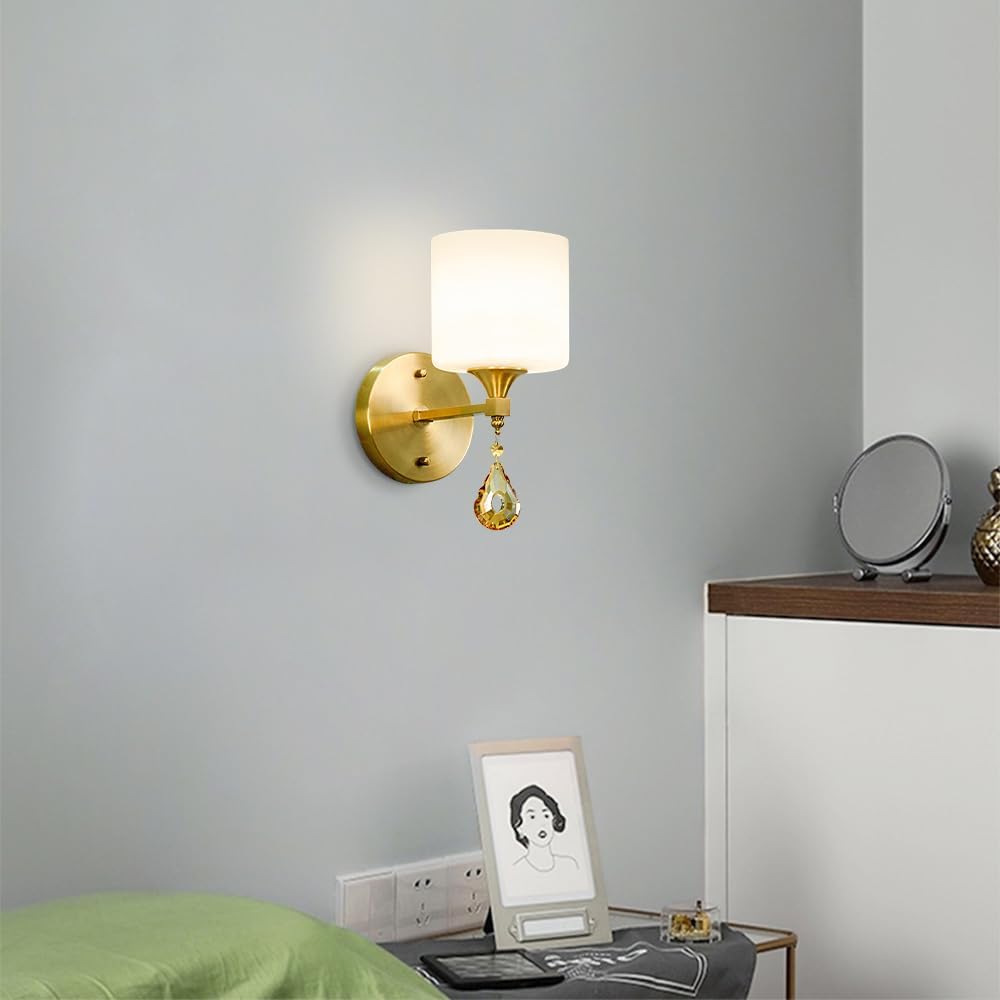 American Style Retro Wall Sconce, Glass Shade Wall Sconce Light with Crystal Pendant, Vintage Brass Indoor Wall Mount Light Fixtures for Living Room Bedroom Hallway Bathroom (Antique)