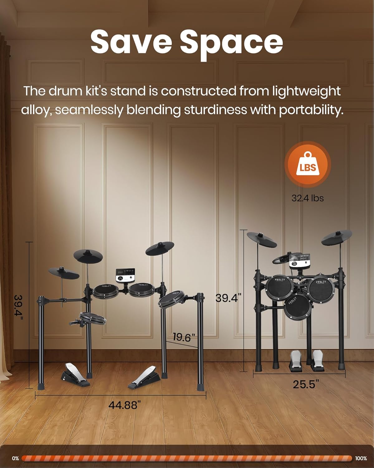 Fesley Electric Drum Set: 5 Drums 3 Cymbals with 4 Quiet Mesh Drum Pads, Electronic Drum Set for Beginner Adult, E Drum Kit with Throne, Headphone, Drumsticks, USB MIDI, Intelligent Sound Module