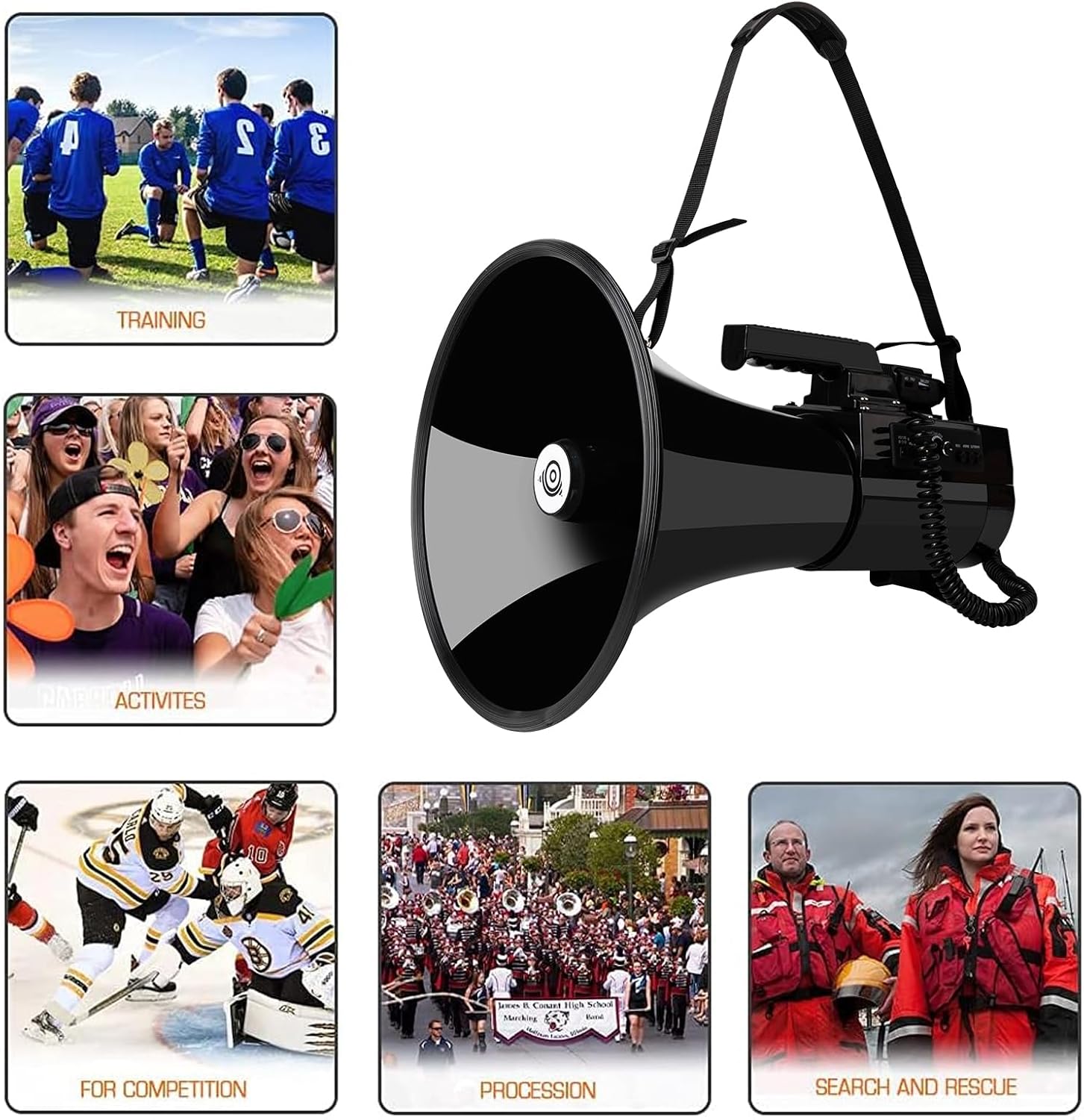Heavy Duty 75W Professional Megaphone Bullhorn Speaker with Built-in Microphone-Rechargeable Battery&Portable Strap-Siren -USB/SD/AUX Input-Ideal for Football, Baseball,Coaches