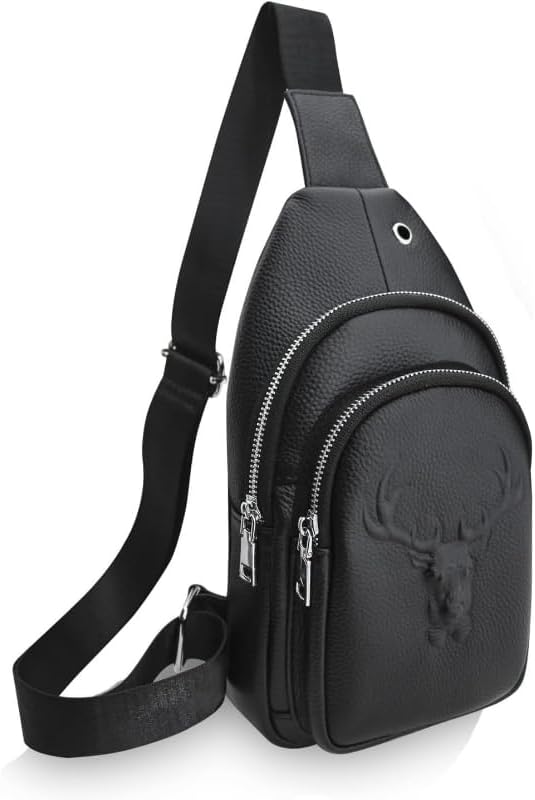 Men's Litchi Grain Leather Sling Bag, Large-Capacity Anti-Theft Crossbody Fanny Pack for Sports Travel and Outdoor Activities (Black)