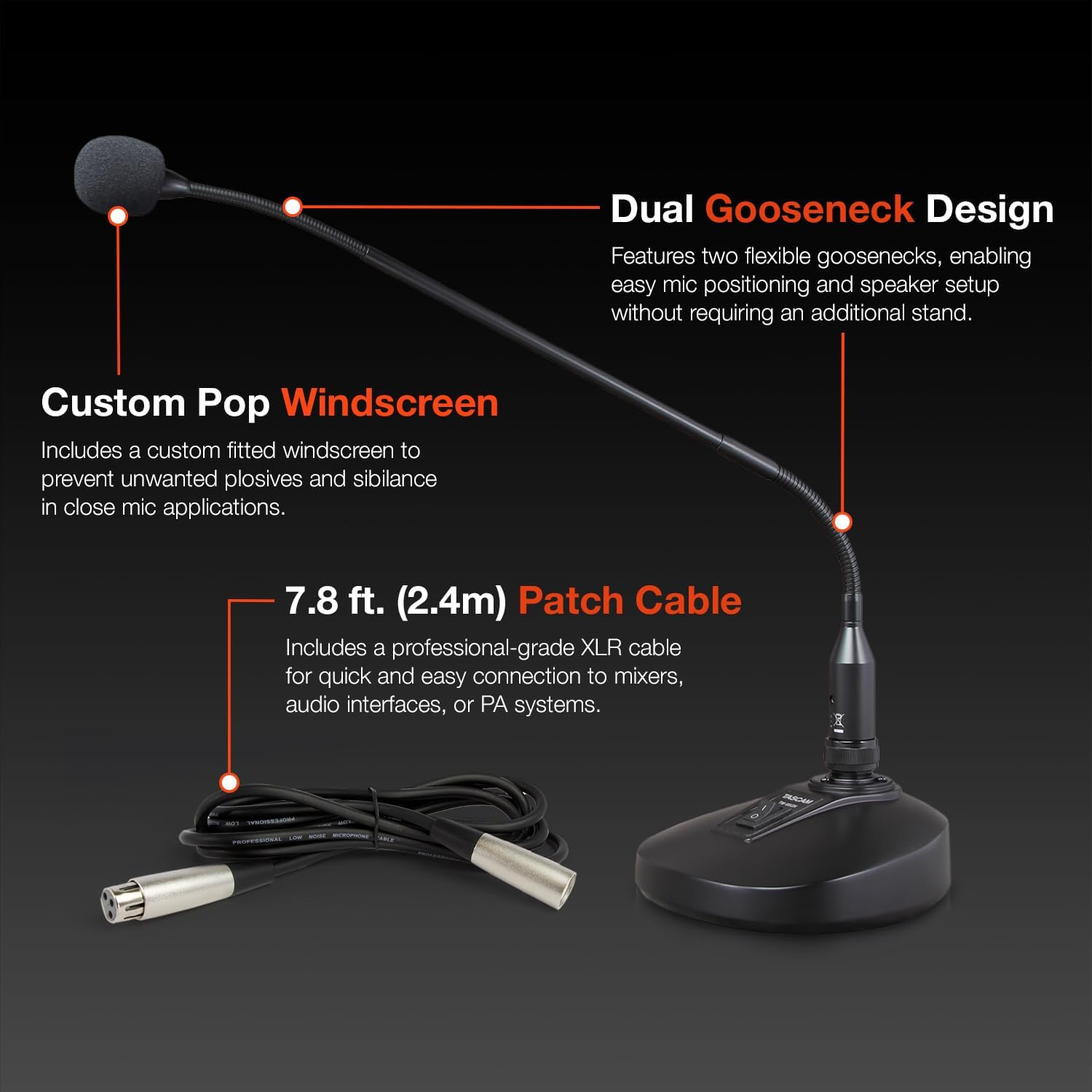 Tascam TM-95GN Desktop Gooseneck Condenser Microphone Black