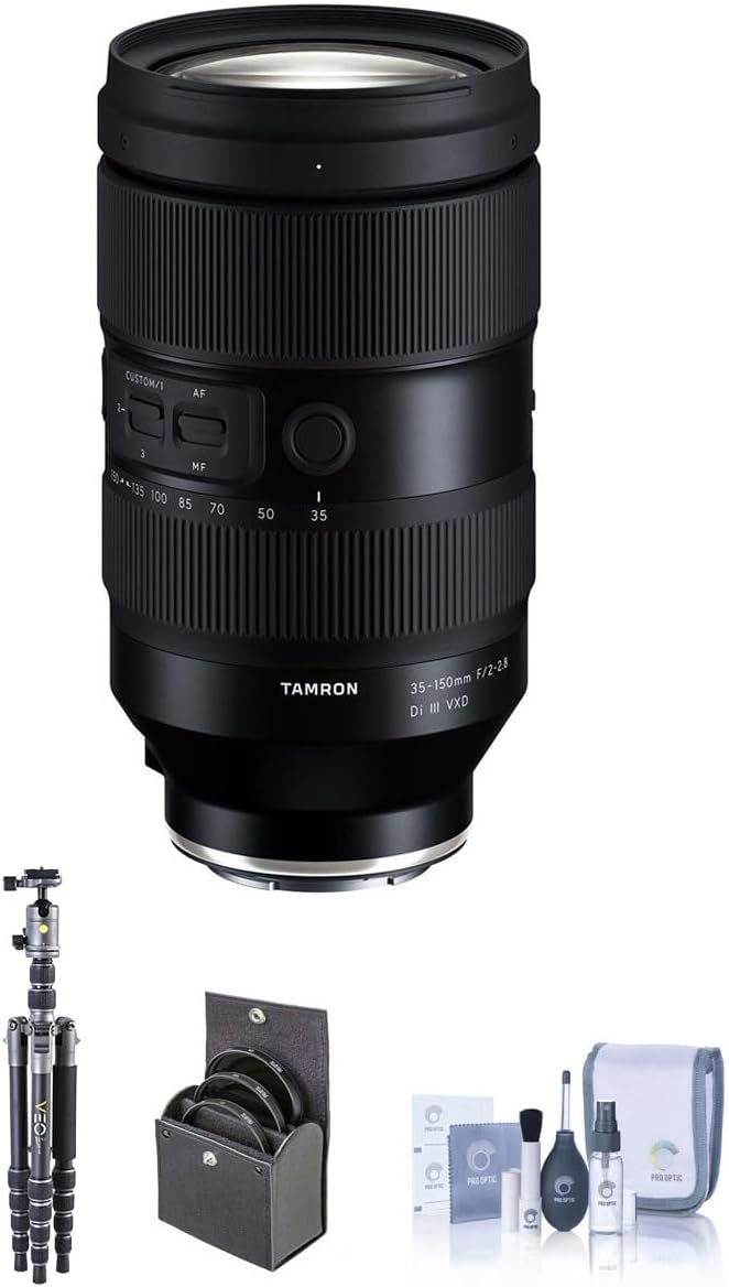 Tamron 35-150mm f/2-2.8 Di III VXD Lens for Sony E, Bundle with Vanguard VEO 3 GO 235AB 23mm 5-Section Aluminum Travel Tripod with T-50 Ball Head, 82mm Filter Kit. Cleaning Kit
