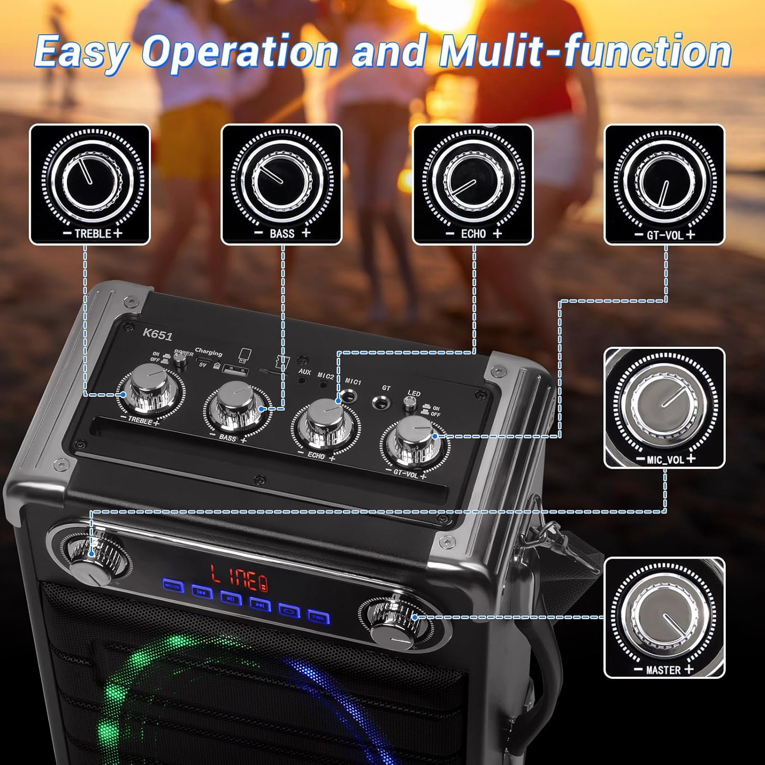 60W Karaoke Machine for Adults Kids, Portable Bluetooth Speaker with Bass/Treble Adjustment, Shoulder Strap, Remote Control, 2 Microphones, LED Lights, PA System Support TF/USB/AUX, TWS, Guitar