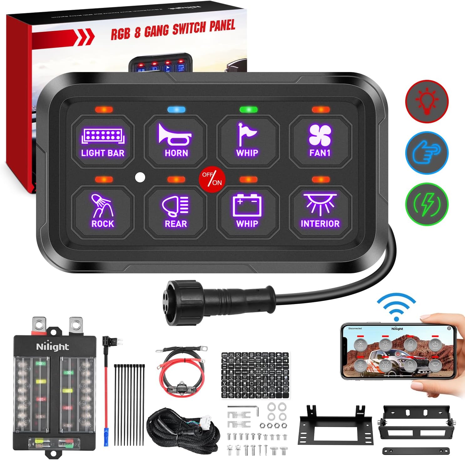 Nilight 8 Gang Switch Panel Circuit Control Relay System APP RGB Backlight Fuse Wiring Harness Automatic Dimmable ON Off LED Switches Pod for 12V 24V Cars Trucks Campers SUV