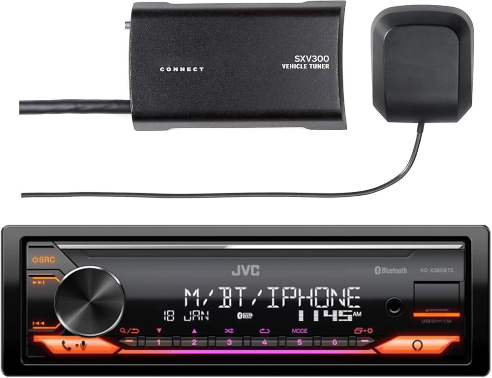 Single DIN Bluetooth USB AUX AM/FM Radio Stereo LED Illumination Car Receiver Bundle Combo with SXV300v1 Satellite Radio Connect Vehicle Tuner Kit