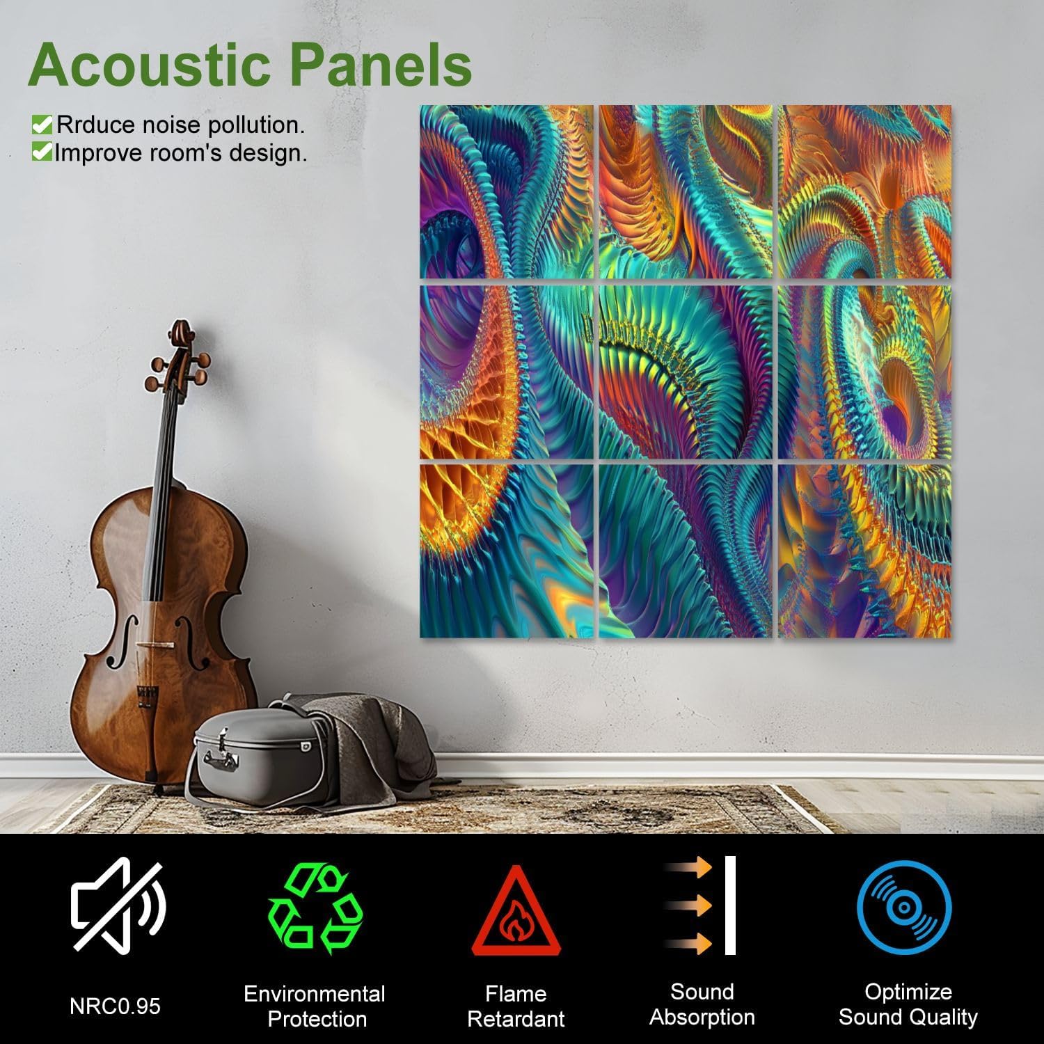 Art Acoustic Panels Self Adhesive Biomechanical Art Neon Colors Textures 9 Packs Decorative Soundproof Wall Panels Large Sound Absorbing Panels for Home Office 60
