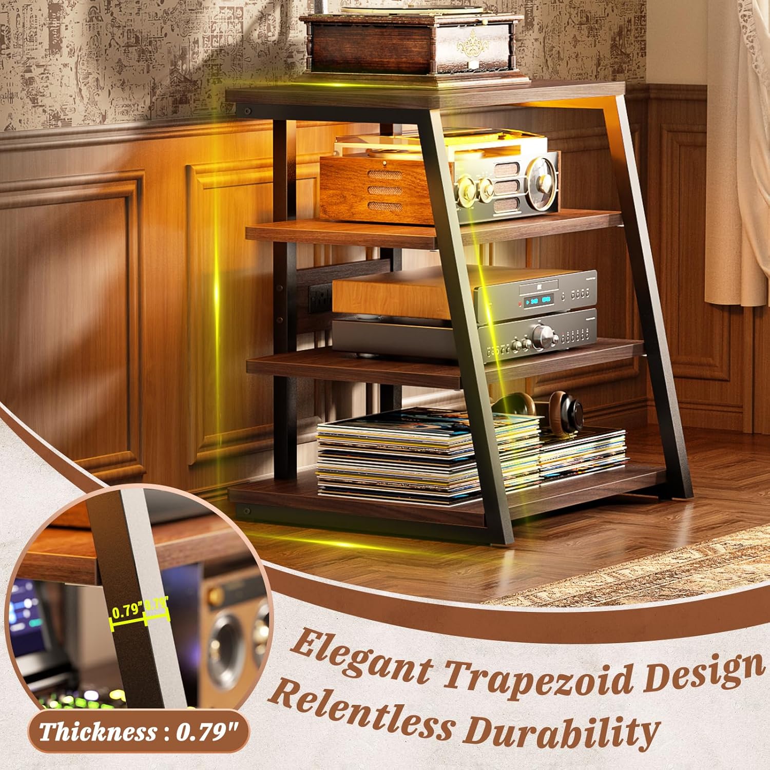 Armocity 4-Tier AV Media Stand with Power Strips, Corner TV Stand with LED Lights, Rack Audio Tower with Adjustable Shelves, Corner Entertainment Center, 30'', Black Walnut