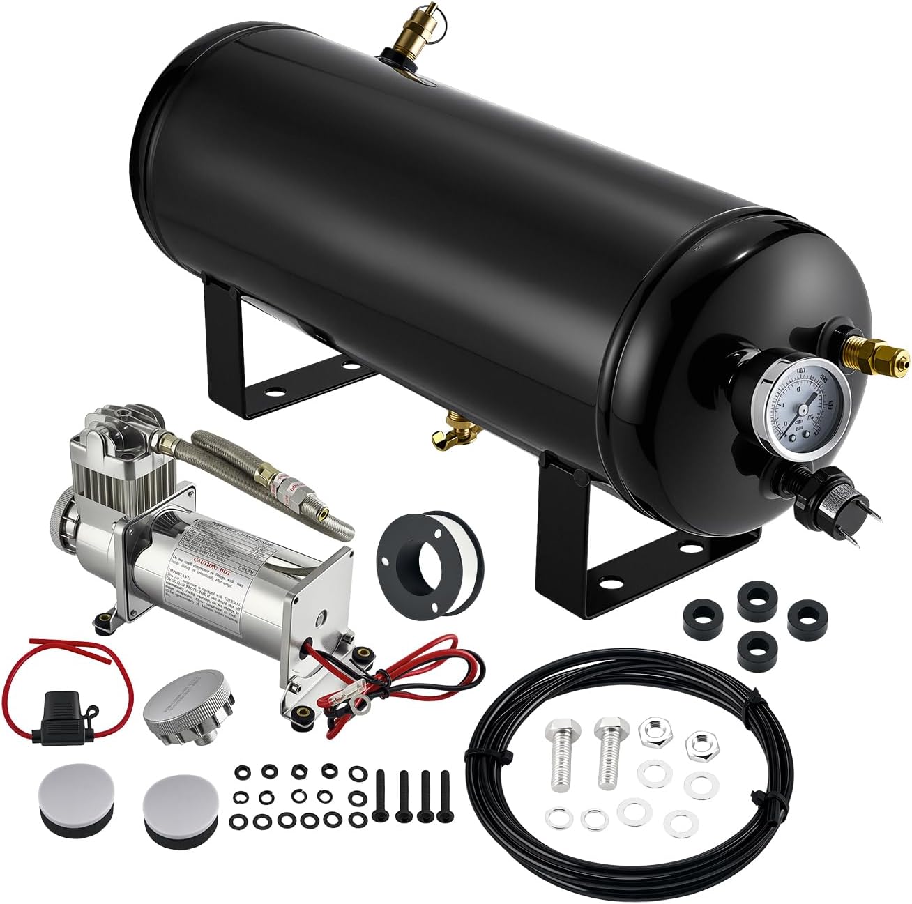 BDFHYK 1.5 Gallon Air Tank with Compressor-6 Ports with 1/4-Inch NPT Thread,150 PSI Rated On-Board Compressed Air Tank for Air Suspension System,Air Brake System,Tire Inflation,Truck/Train Horns/Car