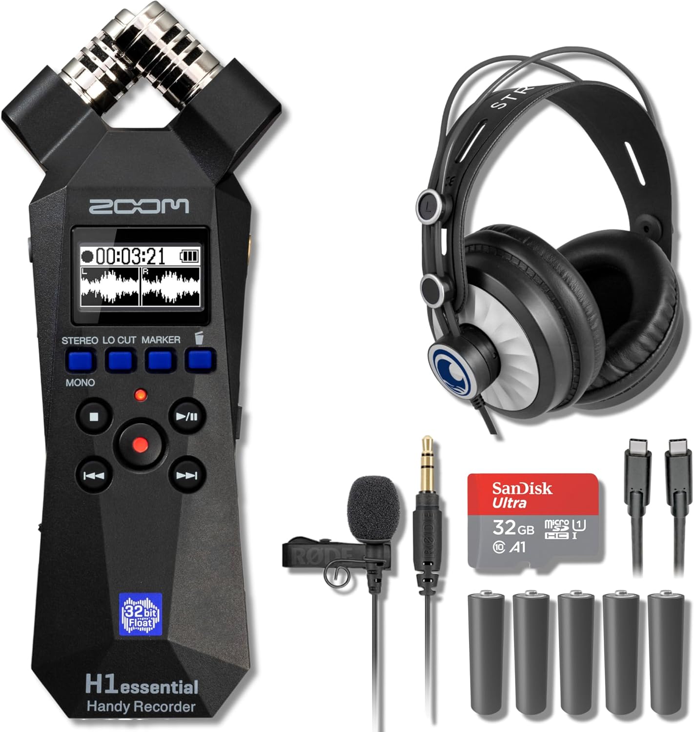 Zoom H1essential 2-Track 32-Bit Float Portable Audio Recorder with StreamEye Cans50 Professional Headphones, Lavalier GO Lav Mic, 5 AAA Batteries, USB-C to USB-C Cable and 32GB microSD Card