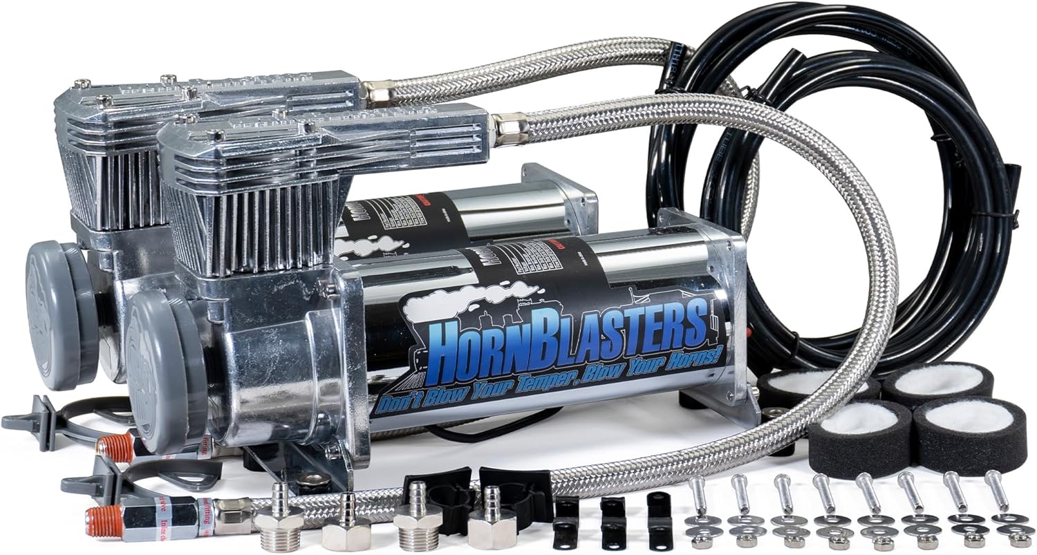 HornBlasters Dual HB-1NM Air Compressors – 100% Duty Cycle @ 100 PSI, 200 PSI Max – Fill up to 10 Gallons – For Train Horns, Air Suspension, Tire Inflation – Weather-Resistant (Chrome)