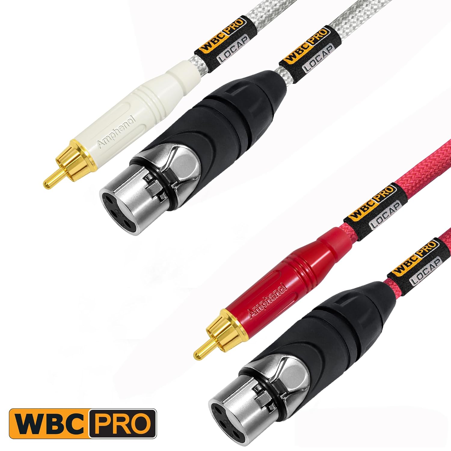 20 Foot RCA to XLR (Female) Cable Pair - WBC-PRO-LOCAP Low-Capacitance (14pF/ft) 22 AWG Ultra-Silent Audiophile & Pro-Grade Audio Interconnect Cable - Amphenol Plugs & Red & Silver Tweed Jackets