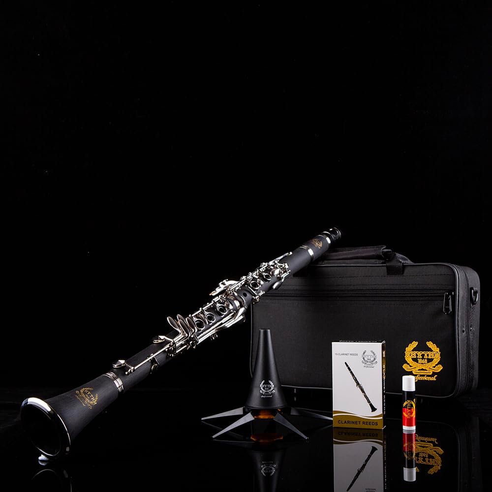 Rhythm Bb Clarinet 17 Nickel Keys Woodwind Band & Orchestra Musical Instruments for Beginners Includes Case, Stand, 10 Reeds and Cleaning Kit-Black/Silver keys