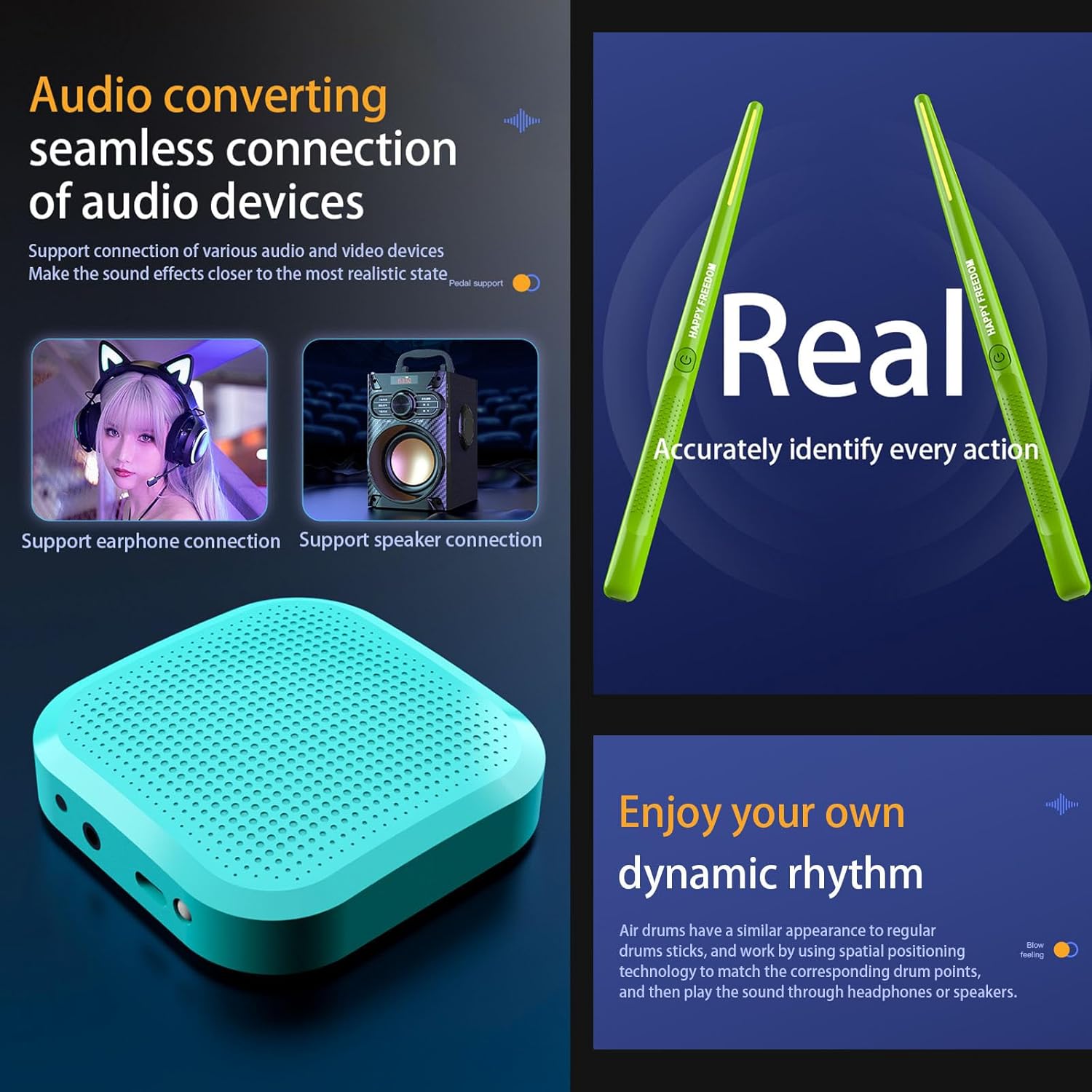 Virtual Electronic Drum Set, Electric Drumsticks Air Drum Set, Air Drum with Drumsticks, Pedals, Bluetooth and 8 Sounds, Electric Tabletop Drum Set Machine for Beginners Adults (Black)