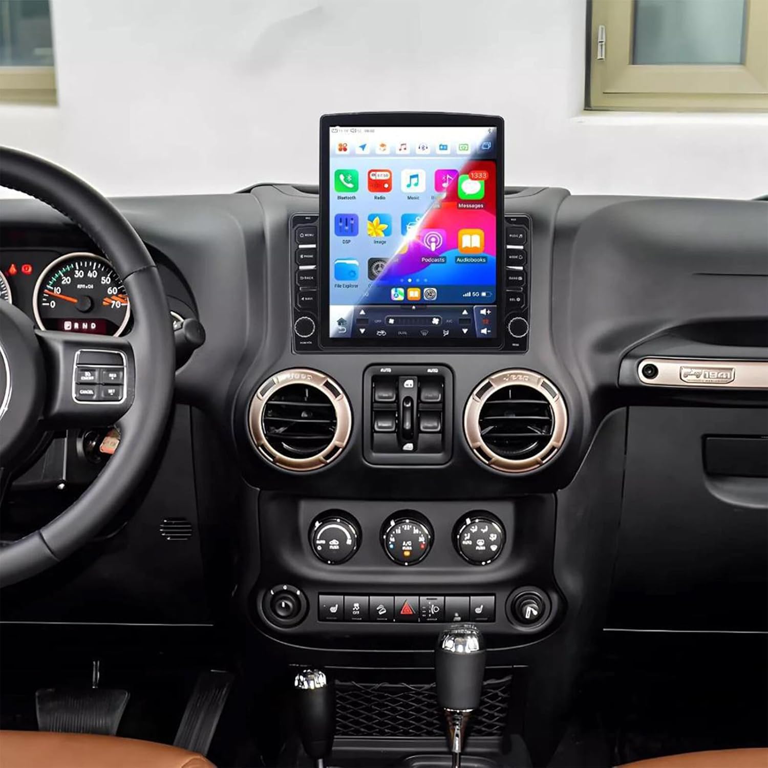 PHEZEN 9.7 inch Touchscreen Car Stereo Fit for Jeep Wrangler 2007-2017, Android 14 Double Din Car Radio with Carplay & Android Auto in-Dash Navigation BT Mirror Link WiFi Backup Camera 4+64G