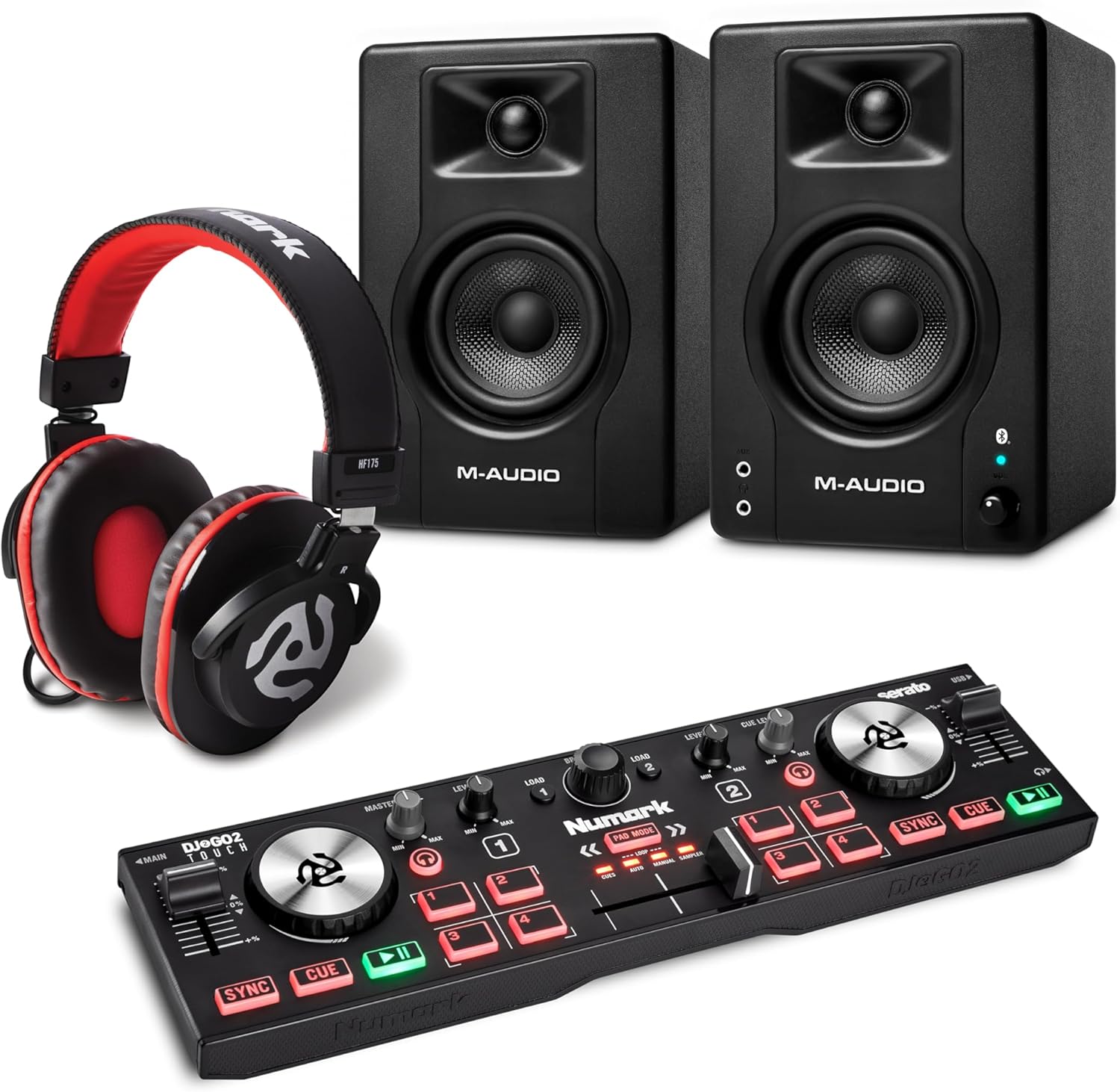 Numark DJ2GO2 Touch DJ Controller and M-AUDIO BX3 Pair Bluetooth Studio Monitors with Headphones for Studio Recording, Music Production, Podcasting, Streaming