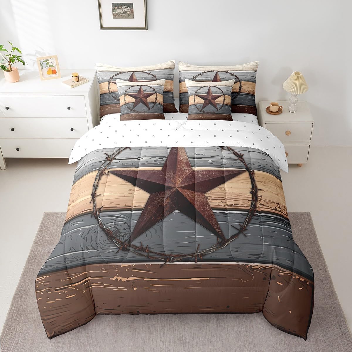 7pcs Western Texas Star Comforter Set Twin, Brown Grey Wooden Plank Bed Set for Kids Boys, Rustic Farmhouse Cowboy Bedding(1 Comforter,1 Fitted Sheet,1 Flat Sheet,2 Pillowcases,2 Throw Pillow Cover)