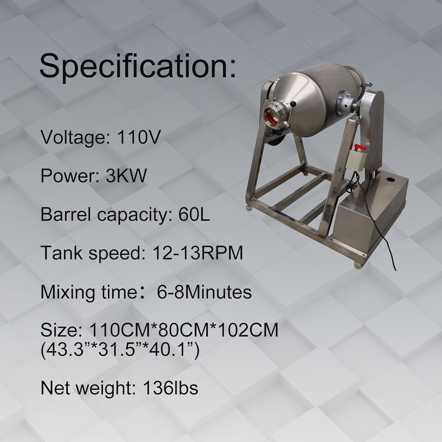 60L Dry Powder Mixer 360° Rotating Blender Mixing Machine for Metal Metallurgy Abrasive 304 Stainless Steel Drum Powder Mixer Blender 110V 3KW