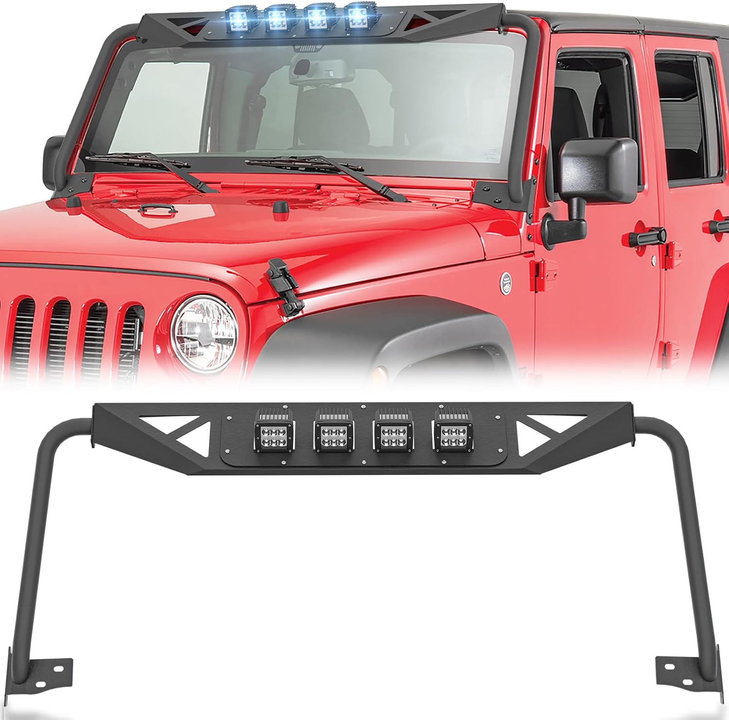 for Wrangler JK Front Windshield Frame Cover Madmax Roof Sun Visor Cowl Body Armor with 4 x LED Lights Compatible with 2007-2018 Jeep Wrangler JK JKU Unlimited, Windscreen Rack Protector Stand