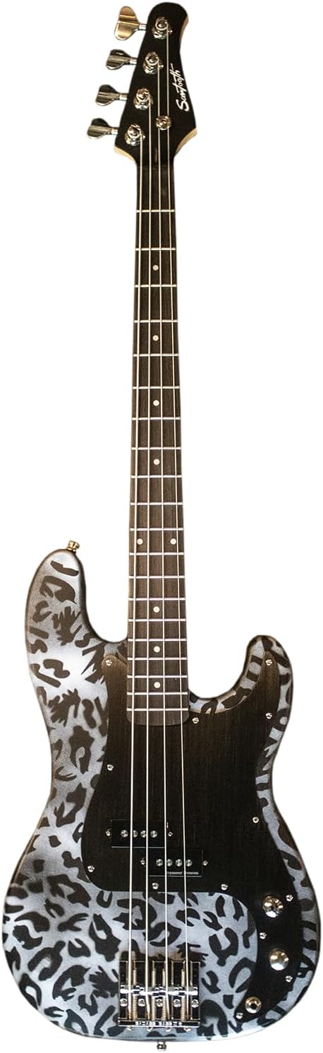 Sawtooth Johnny Martin Black and White Signature Leopard Skin Electric Bass Guitar w Padded Gig Bag