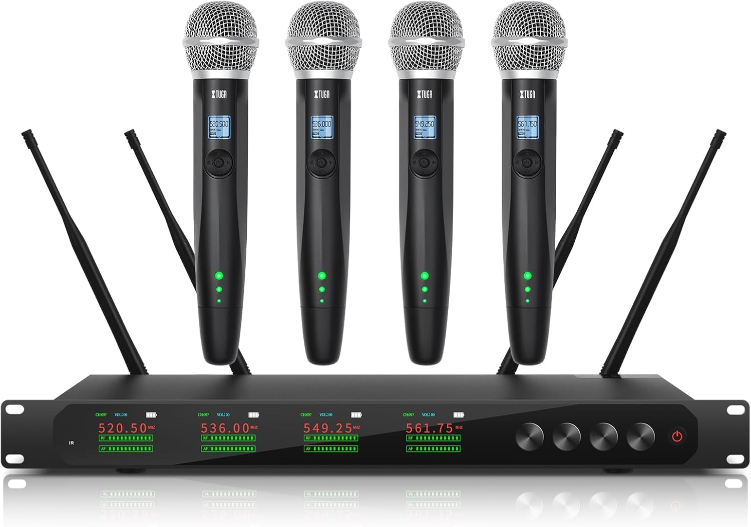 XTUGA Wireless Microphone System Quad Channel Wireless Mic w/ 4x50 UHF Frequencies,Auto Paring,650Ft Range,True Diversity Metal Cordless Handheld for Church, Karaoke, Party(LSY-104)