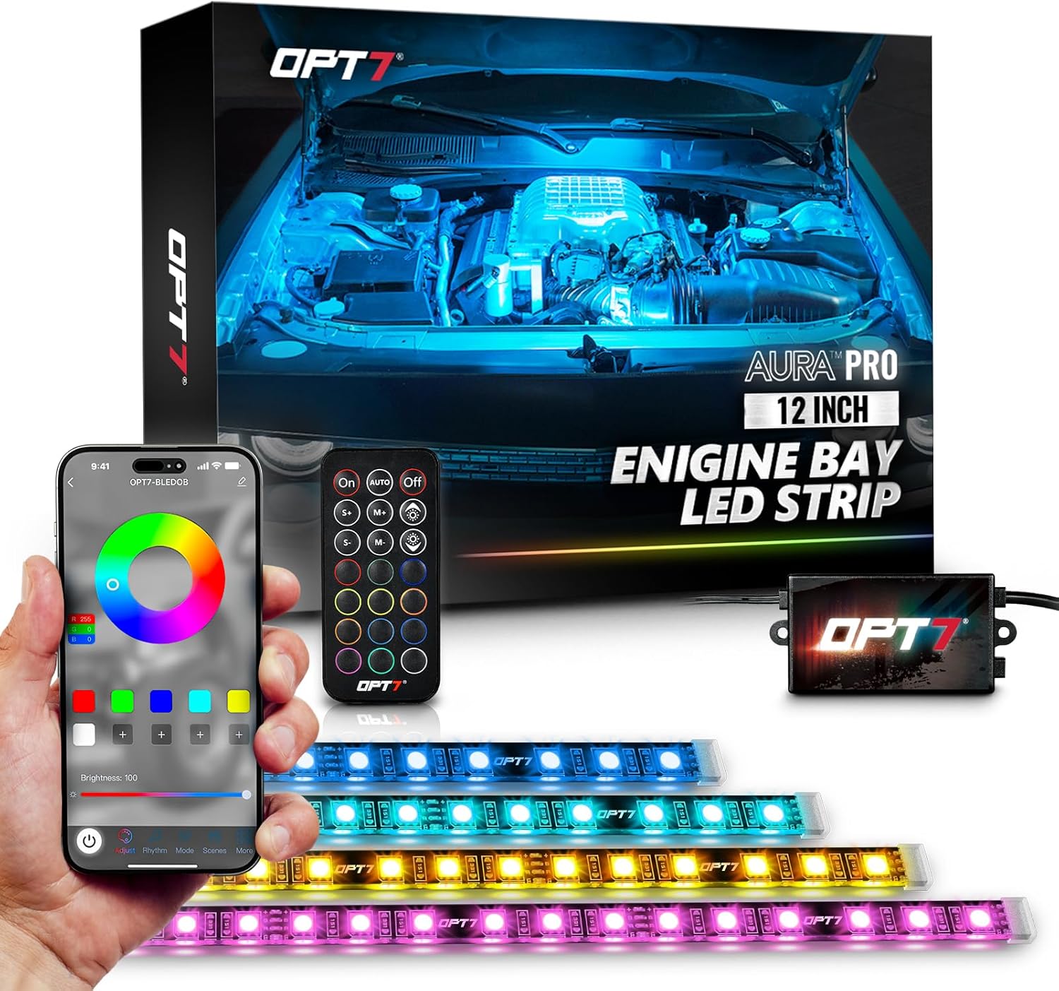 OPT7 Aura Pro Engine Bay Lights w/App & Remote Control, 4PCS 12” Waterproof Under Hood LED Light Strip, Exterior Car Neon Accent Lighting Kit, RGB Multicolor Music Sync Accessories for Cars Vans SUVs