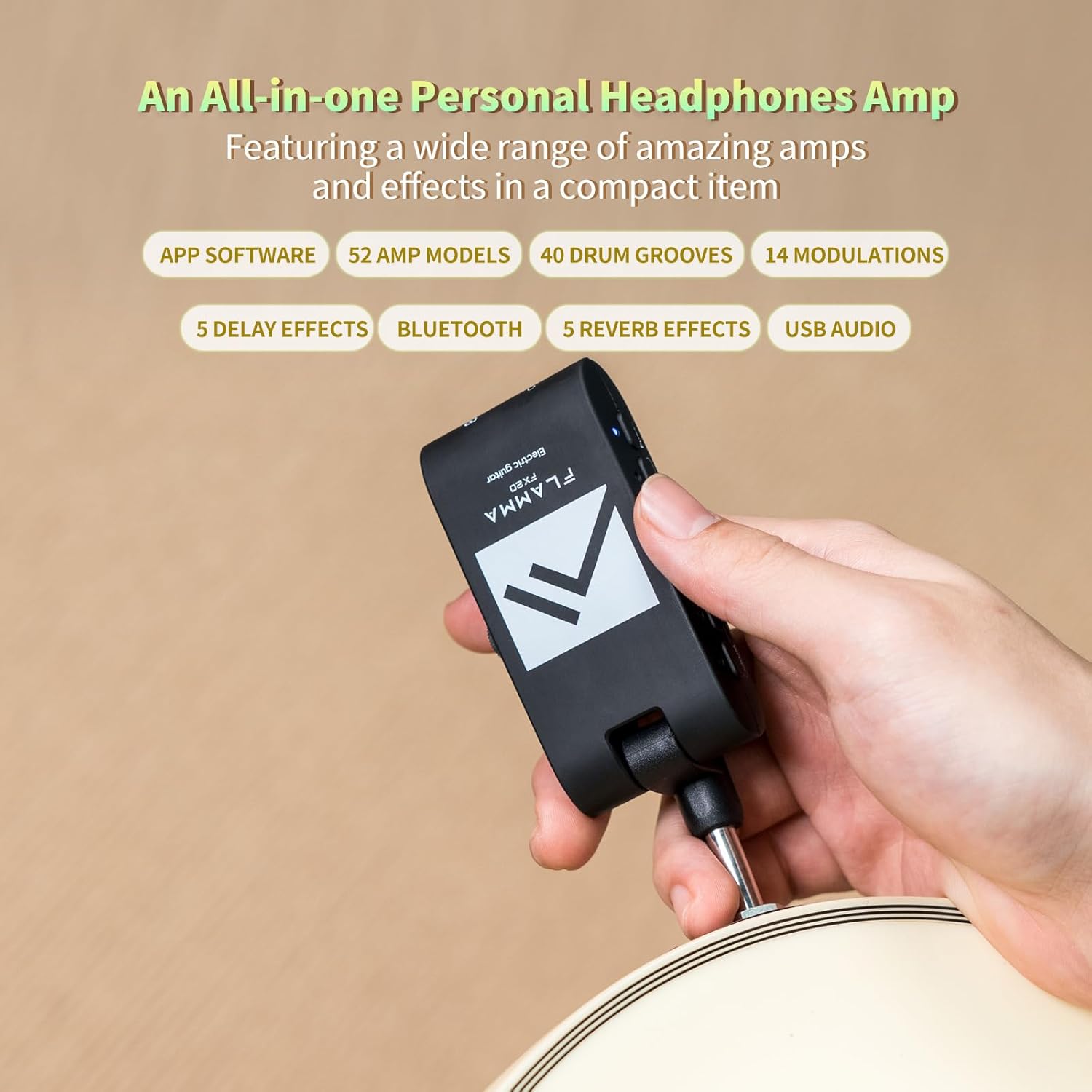 FLAMMA FX20 Guitar Headphone Amp with APP 40 Drum Grooves 52 Amp Modes 5 Delay 5 Reverb Effects 14 Modulations for Practice Recording and Creativity