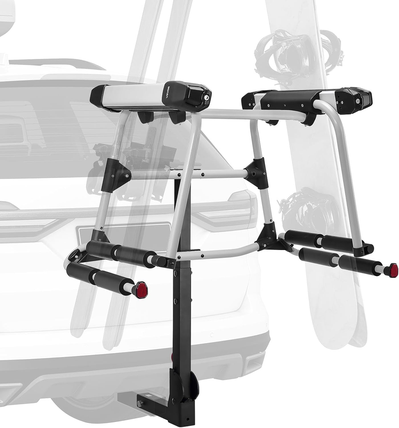VEVOR Hitch Mounted Ski & Snowboard Rack, Fits 2-Inch Receiver, Carries up to 6 Pairs of Skis or 4 Snowboards, Hitch-Mounted Rack for Car with Key Lock, Security Strap, Tilt Access, Rubber Padding