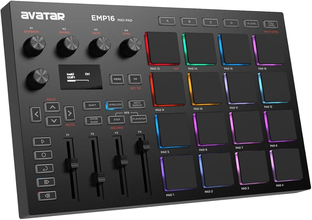EMP16 MIDI Pad Controller Beat Maker Machine With Bluetooth, 16 RGB Velocity Sensitive Beat Pads, 16 Level, Full/Half Level, OLED Display, MIDI In/Out