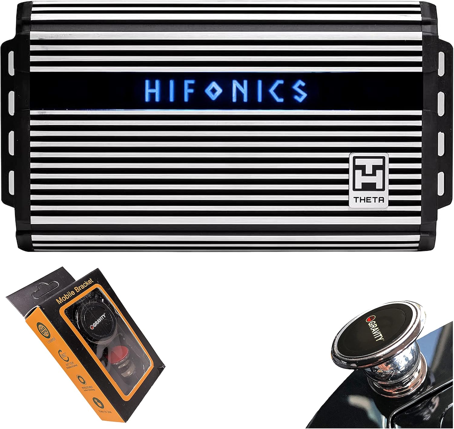 Hifonics ZTH-1225.1D Zeus Theta Compact Mono Channel Car Audio Amplifier (Silver) – Class D Amp, 1200-Watt Built-in Bass Control, Bass Remote Included with Gravity Phone Holder Bundle