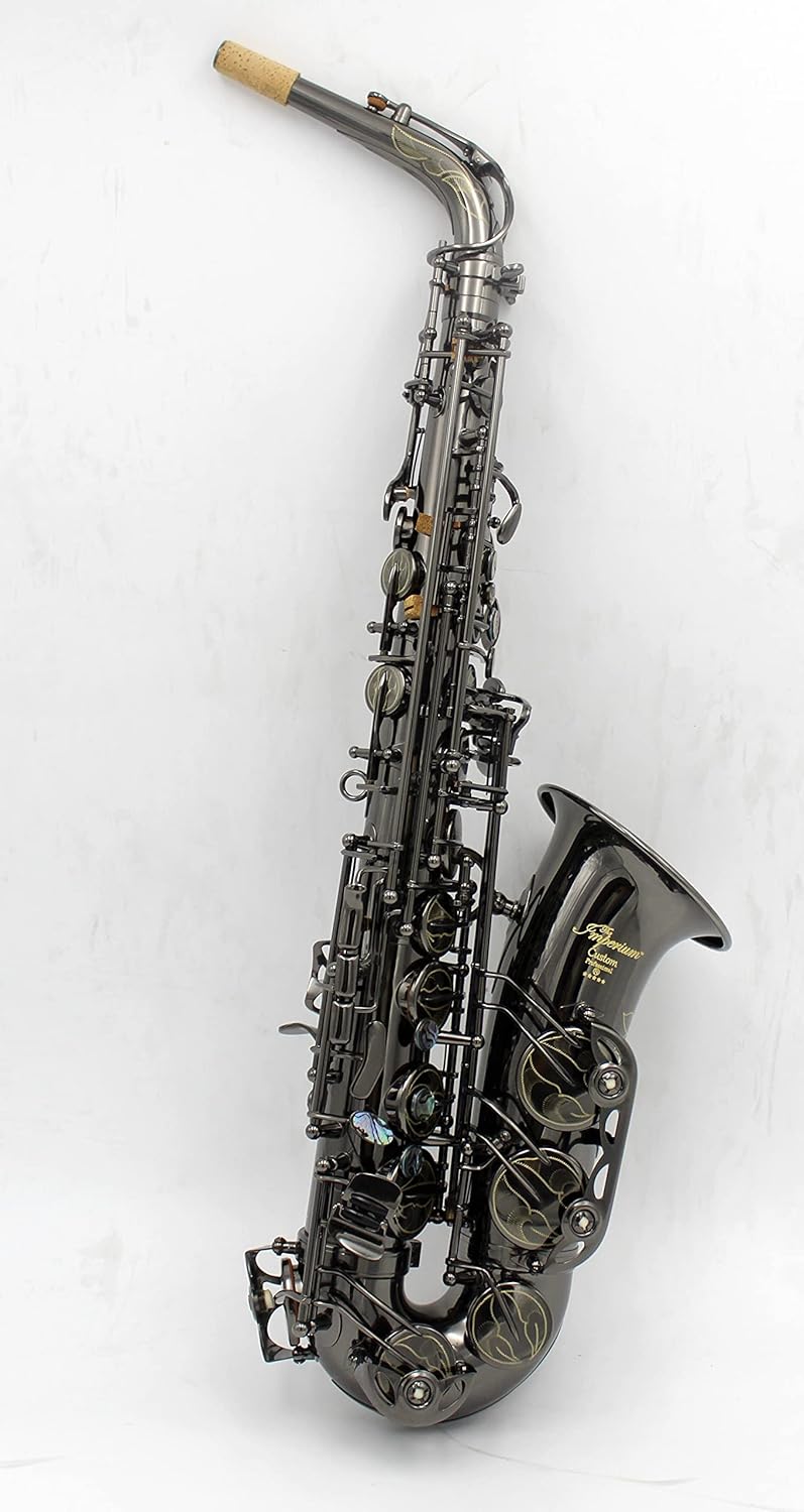 Pro use shiny black nickel plated alto saxophone with rich flower engravings