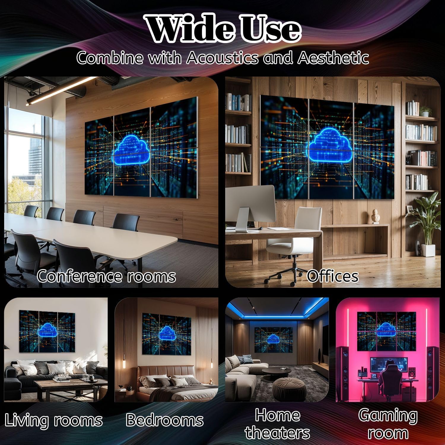 6 Pack Art Acoustic Panels Data storage cloud computing glowing blue cloud symbol microcircuit Soundproof Wall Panels, 48