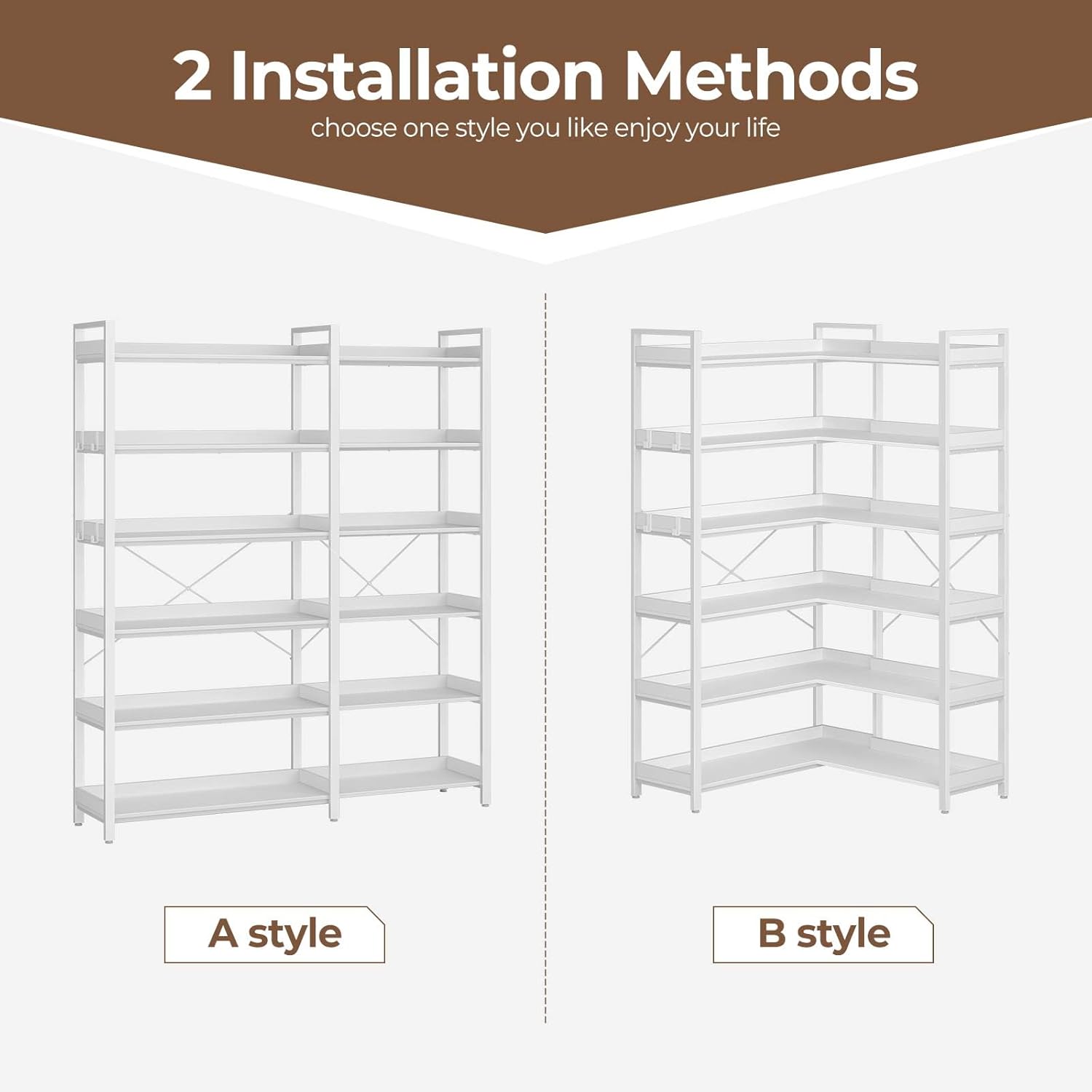 Rolanstar Bookshelf 6 Tier with 4 Hooks, Reversible Corner Bookshelf, 69