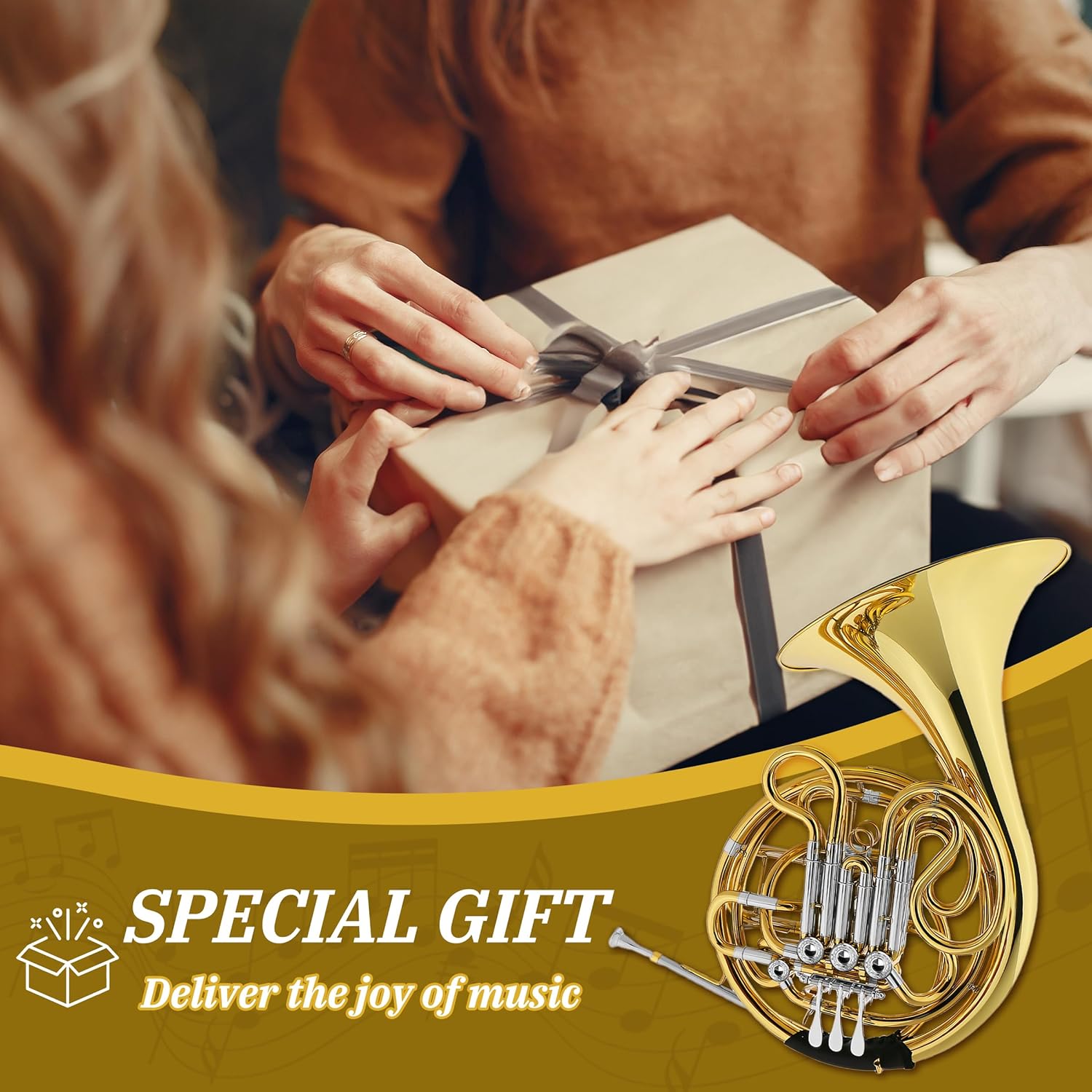 Double French horn F/Bb 4 keys, French horn lacquered gold, comes with case, mouthpiece, gloves, cleaning cloth, brush