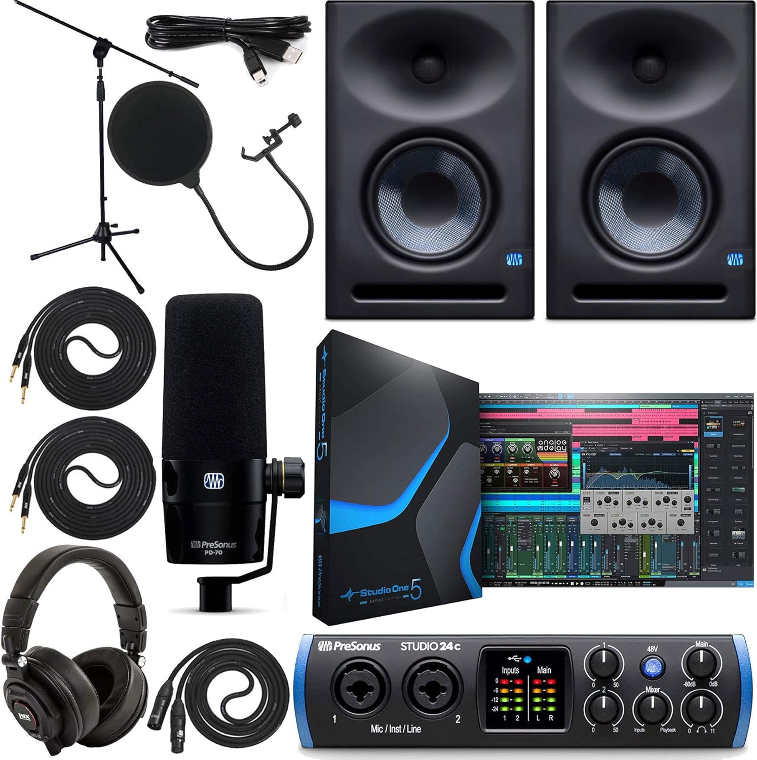 PreSonus Studio 24c 2x2 USB Audio/MIDI Interface with Studio One 5 Artist Software Pack with PreSonus Eris E7 XT Pair 2-Way Studio Monitors with EBM Wave Guide Design, PD-70 Vocal Dynamic Microphone