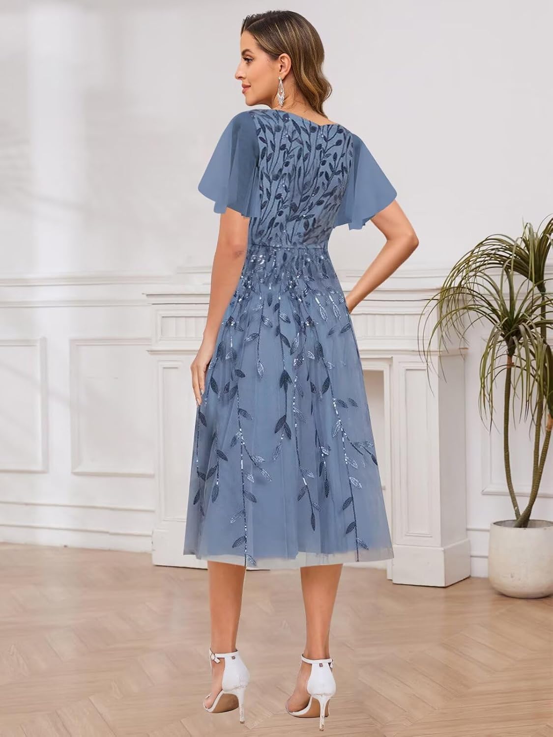 Sukleet Tea Length Sparkly Mother of The Bride Dresses for Women V Neck Flutter Sleeve Sequin Cocktail Party Dress