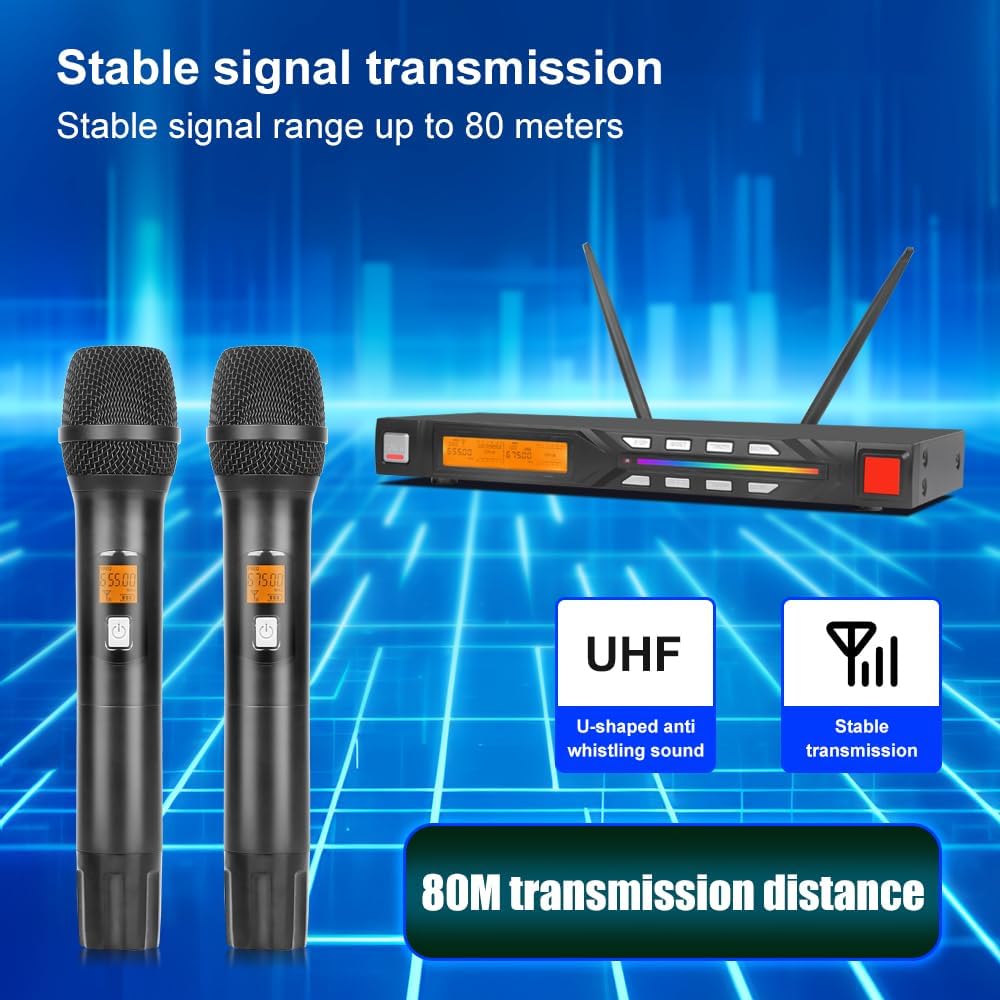 NG-99 Wireless Microphone System with Two Metal Microphones,UHF Handheld Wireless Moving Coil Gradient Colored Microphone for Home Karaoke, Conference, Party, Church, DJ, Wedding