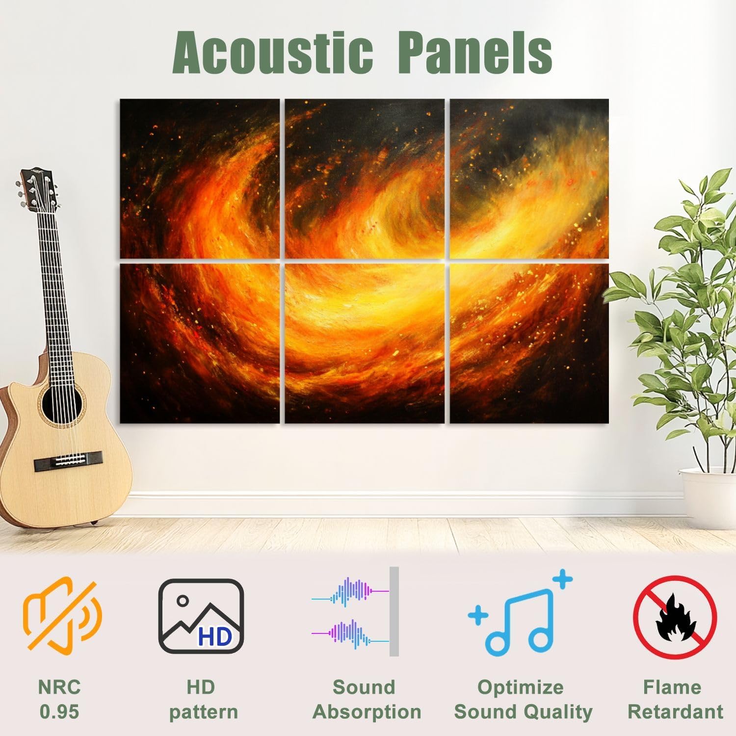 6 Pack Art Acoustic Panels Sound Absorbing Bright Warm Color Orange Abstract Yellow Flames Colors Brush Strokes Decorative Soundproof Wall Panels Self Adhesive for Recording Studios Office 72