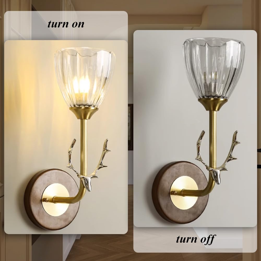 Vintage Wood Indoor Wall Sconce, Modern Gold Wall Light Fixture with Clear Glass Shade, Antler Decor Wall Mount Light for Living Room Bedside Bedroom Hallway Home Decor